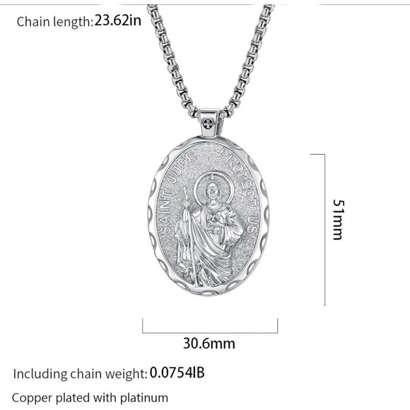 Saint Jude Medal Necklace, Silver Plated Religious Pendant - Picture 2 of 7